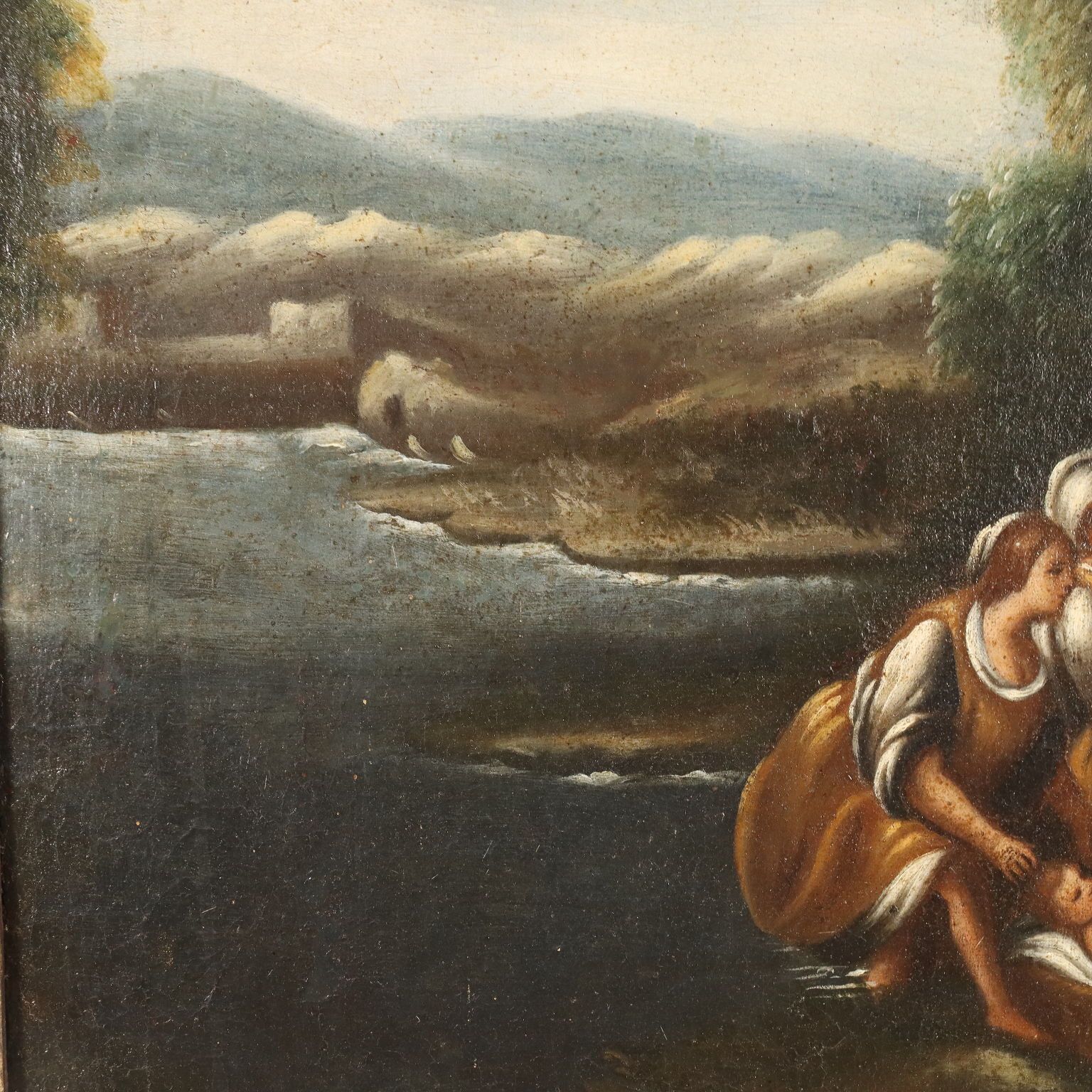 Tableau d'époque, XVIIe-XVIIIe siècle, Moïse sauvé des eaux, huile sur toile photo vintage