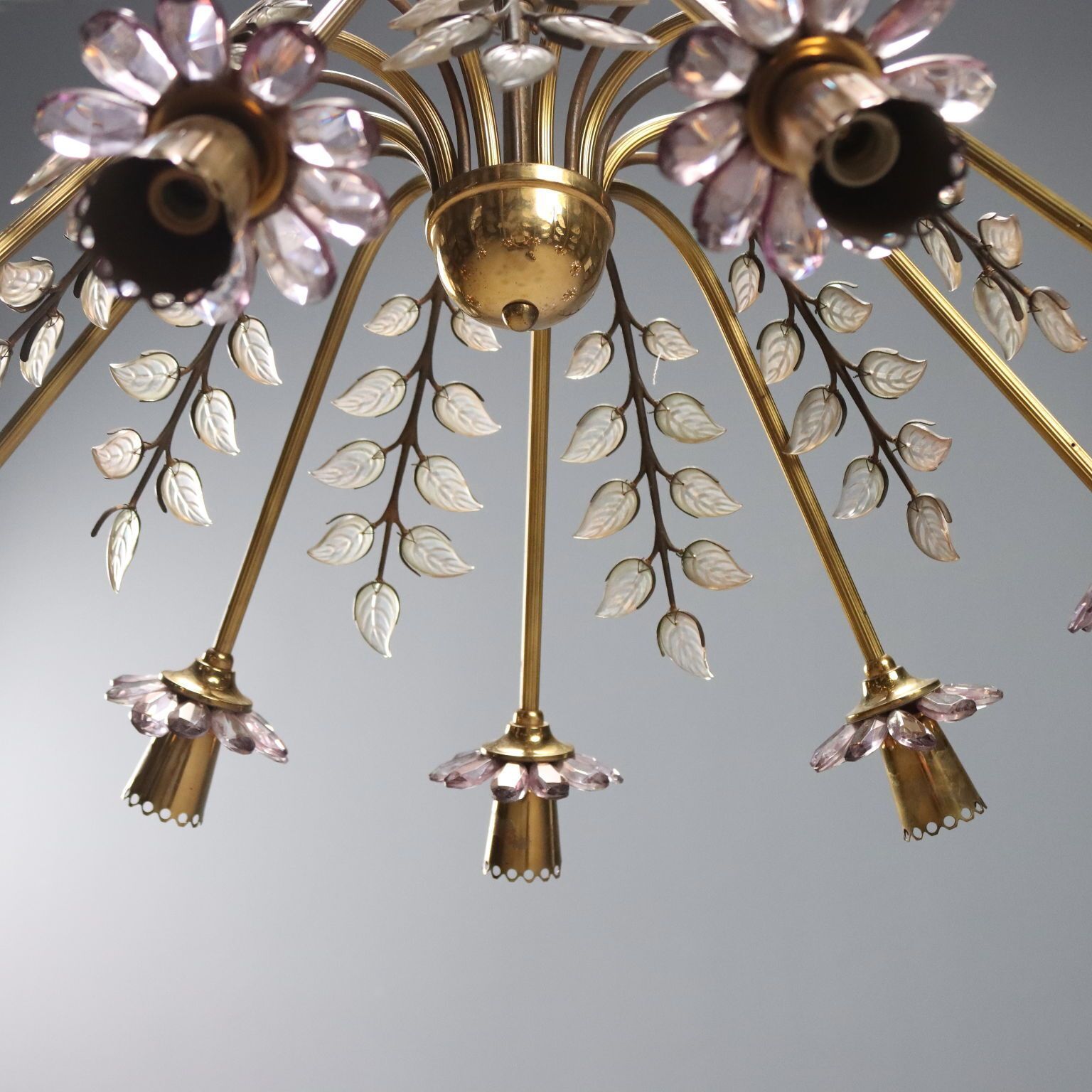 Verlichting Vintage Hanglamp Messing Glas 9 Lichts Design Italië jaren 1950 photo