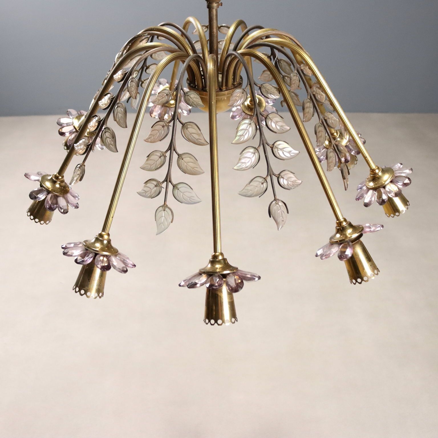360.0 Lustre vintage en laiton et verre, 9 lumières, design italien, années 1950 photo