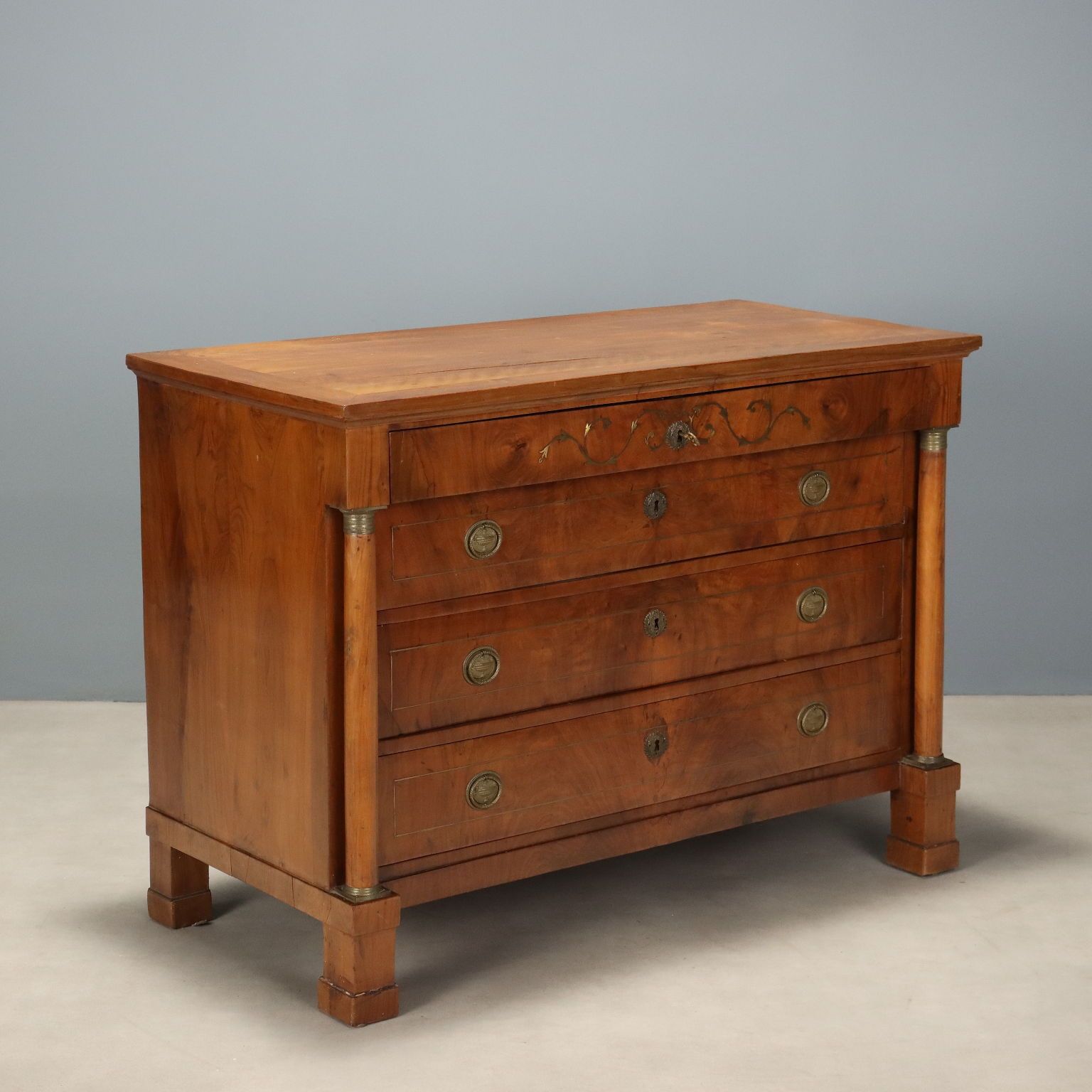 Empire Walnut Chest Of Drawers With Brass Inlays