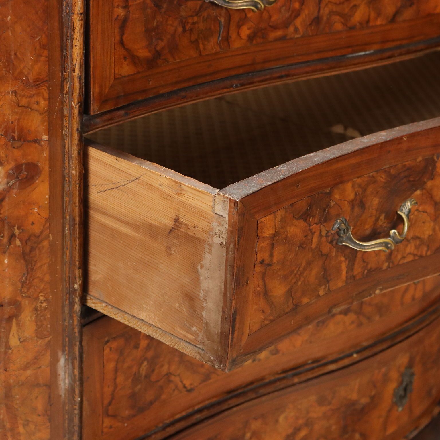 Commode baroque en loupe de noyer, Italie, XVIIe siècle photo for sale
