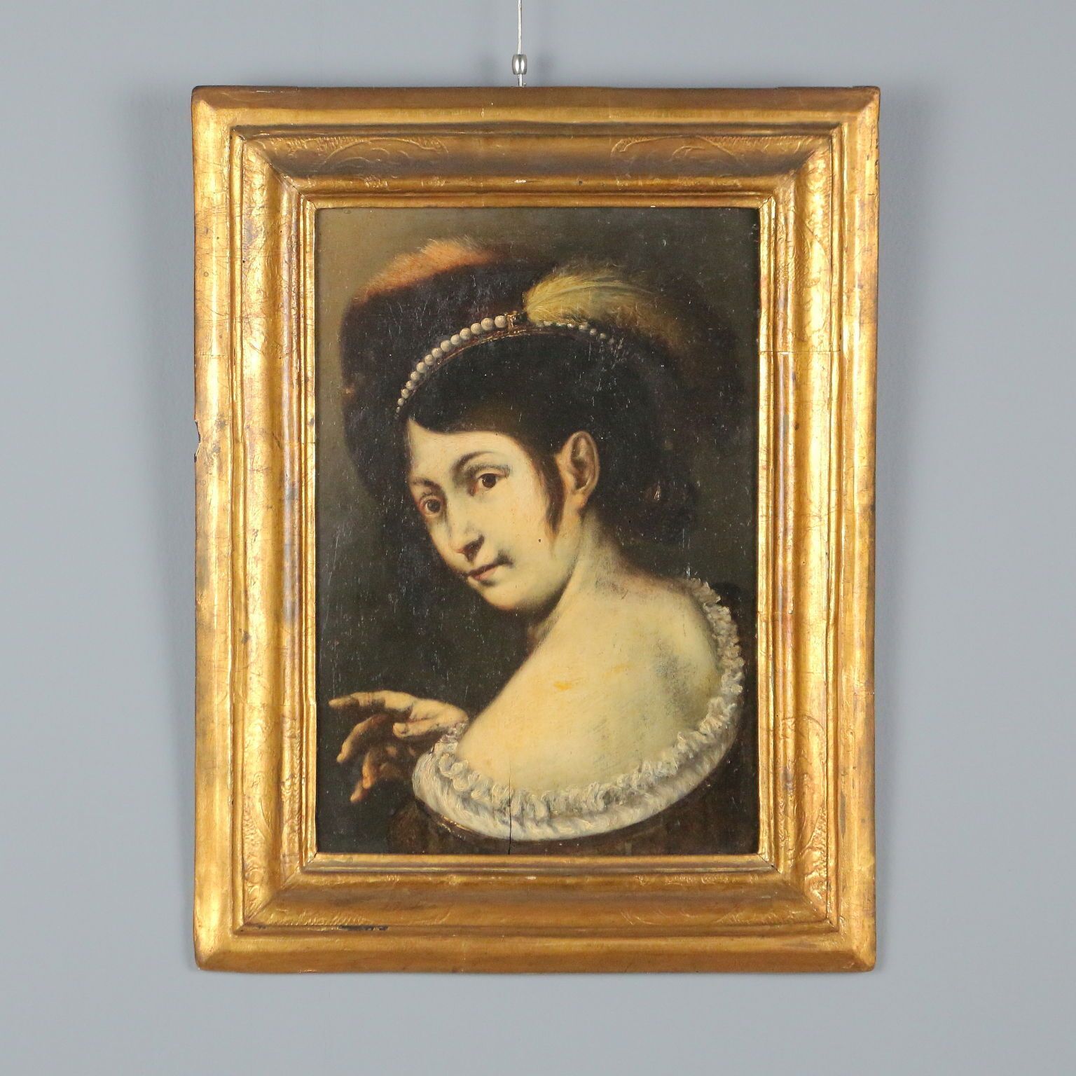 Antiek schilderij vrouwenportret olie op hardboard Italië 19e eeuw