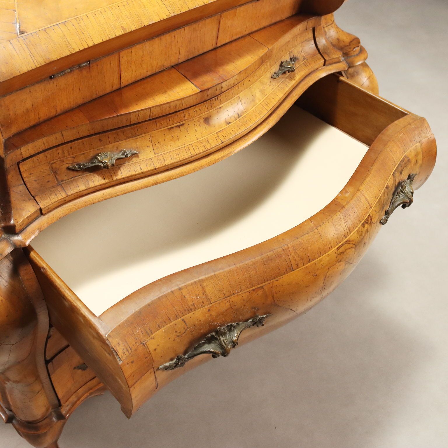 Antique Flap Cabinet Baroque Style Walnut Maple XX Century photo vintage