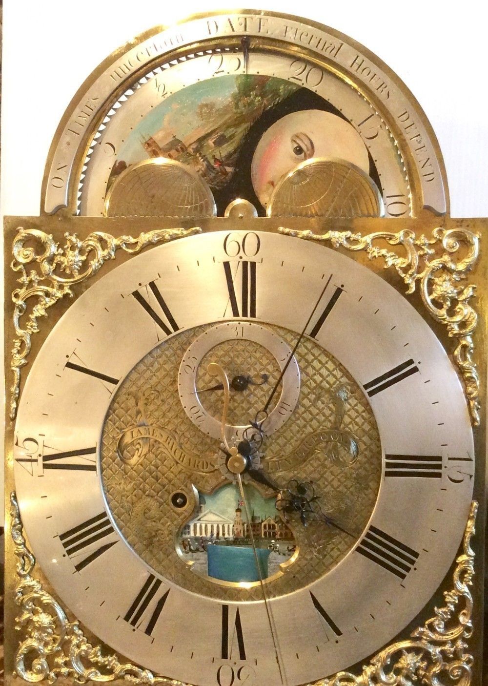 Inlaid Mahogany 18th Century Antique Longcase Grandfather Clock By Iames Richards Liverpool Featuring An Alarm And Ferguson Tidal Dial photo furniture