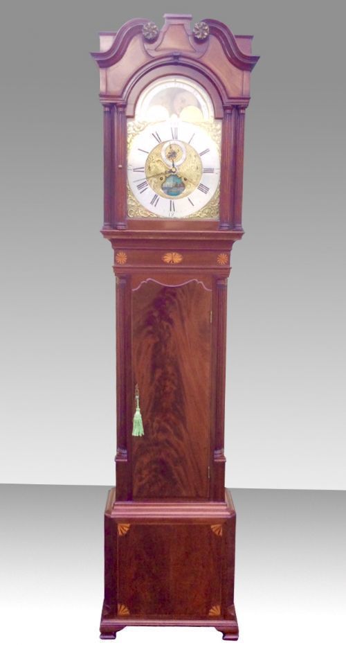 Inlaid Mahogany 18th Century Antique Longcase Grandfather Clock By Iames Richards Liverpool Featuring An Alarm And Ferguson Tidal Dial photo vintage
