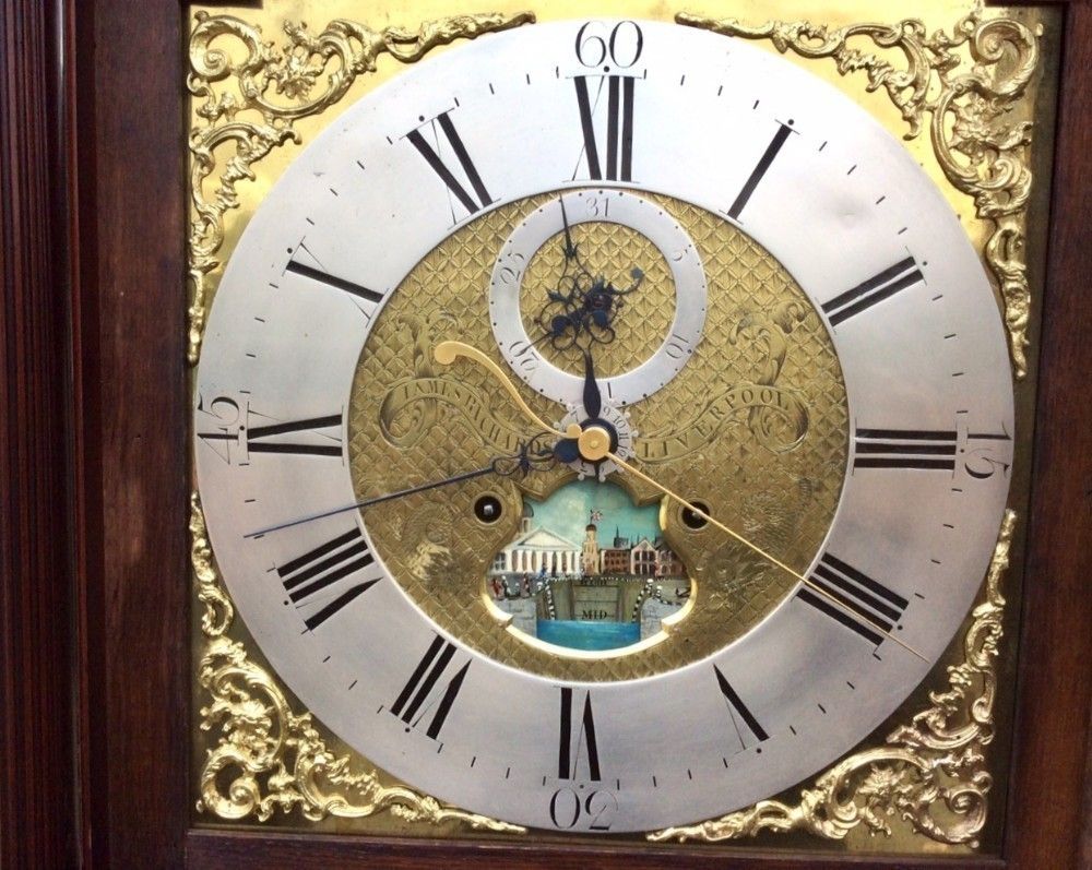 photo buy Inlaid Mahogany 18th Century Antique Longcase Grandfather Clock By Iames Richards Liverpool Featuring An Alarm And Ferguson Tidal Dial