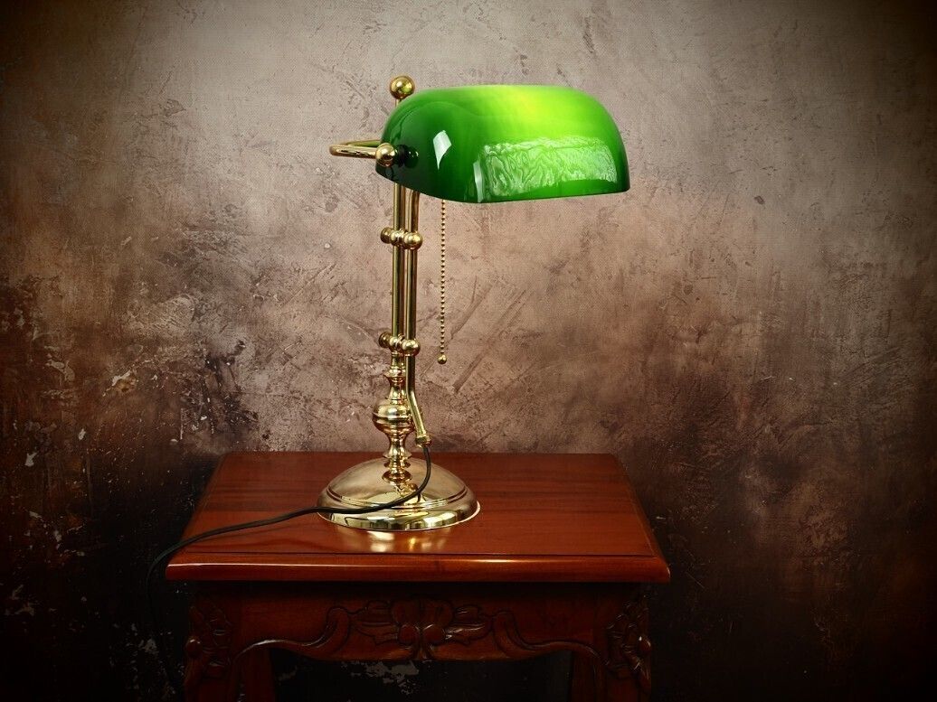Banker's Lamp - Green Glass Shade - Gold Finish - Vintage Office Desk Lamp photo furniture