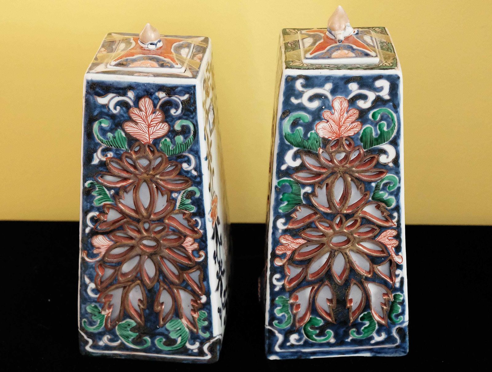 photo buy Pair Antique Japanese Porcelain Water Heaters, Reticulated Imari Palette, Pierced Floral Vases, Asian Ceramics Collector Decor