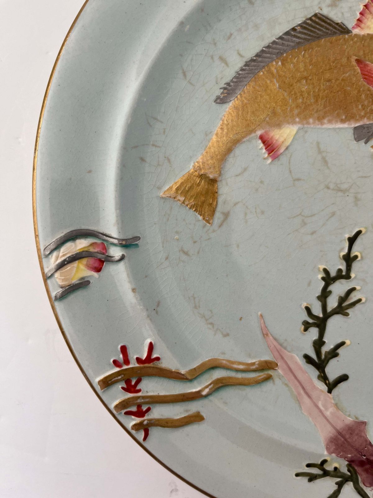 Ridgway Ironstone Plate, Hand Painted Fish Design, Aesthetic Period, Circa 1884 photo vintage