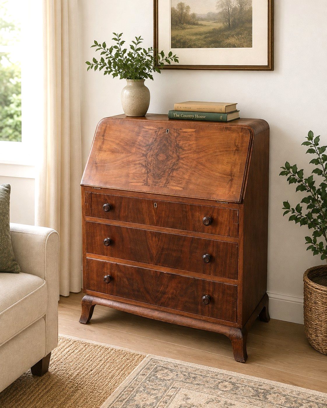 Vintage Walnut Bureau Writing Desk Fall Front Chest Drawers Home Office Cabriole