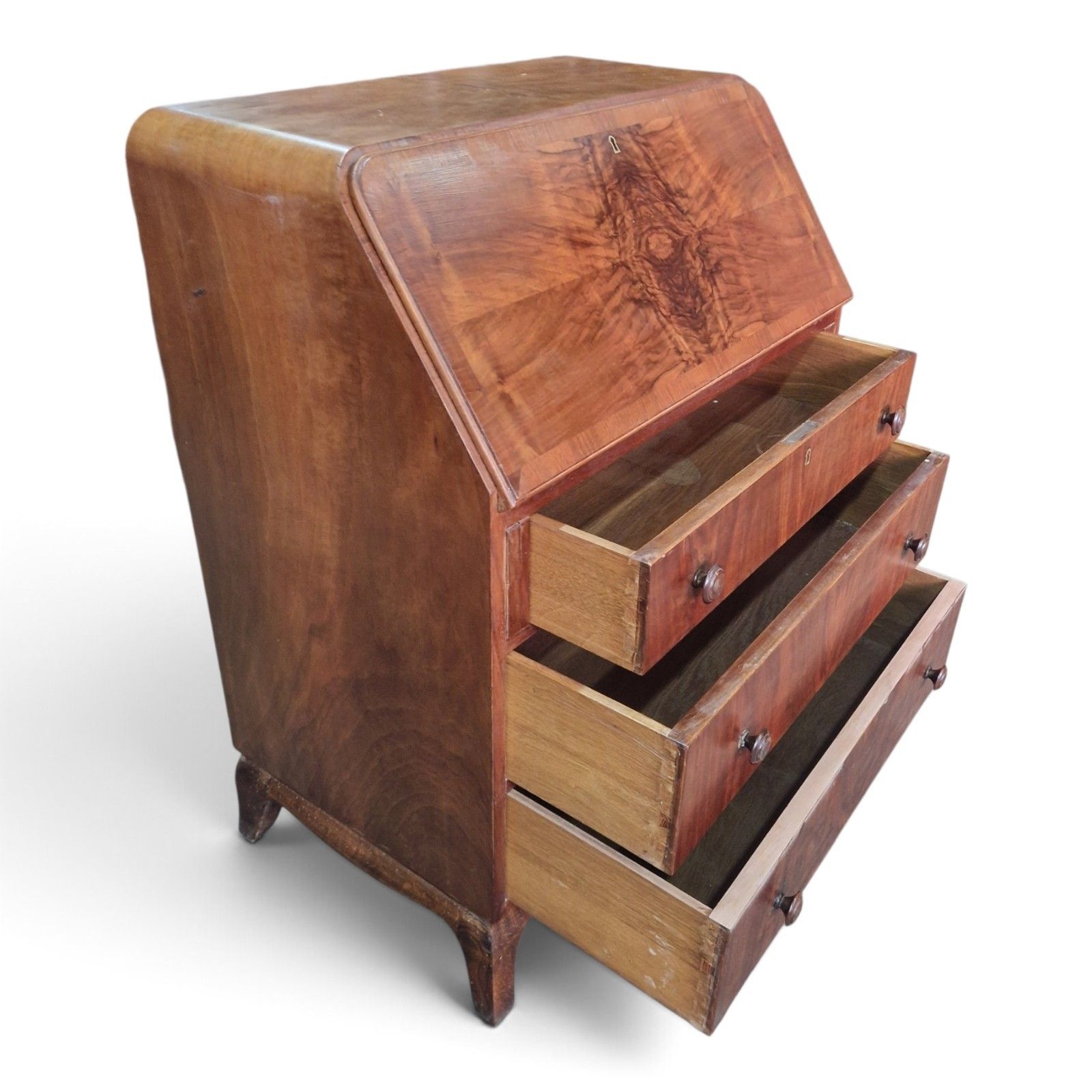 Furniture Vintage Walnut Bureau Writing Desk Fall Front Chest Drawers Home Office Cabriole photo