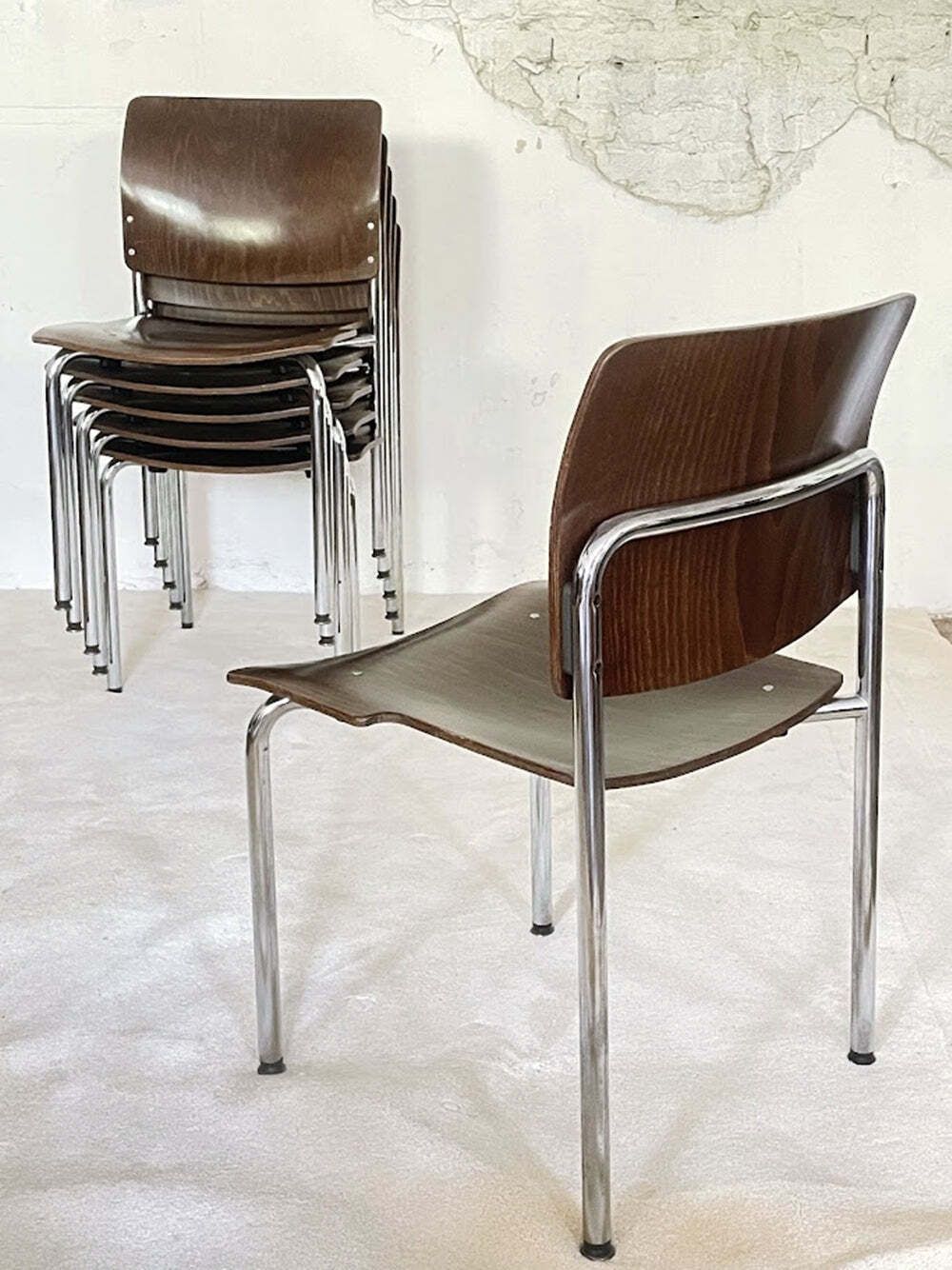 Set Of 4 Vintage Kusch + Co Plywood And Chrome Stacking Chairs, Germany, 1970s photo furniture