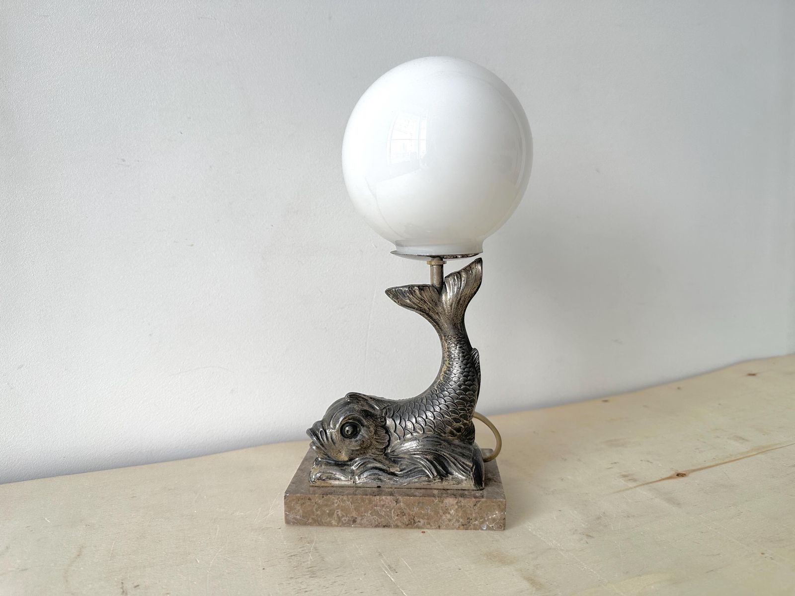 French 1930s Dolphin Table Lamp In Marble And Spelter, Antique Fish Art Deco Lighting Sphere