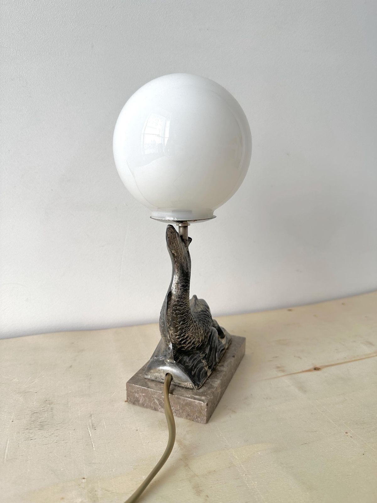 258.0 French 1930s Dolphin Table Lamp In Marble And Spelter, Antique Fish Art Deco Lighting Sphere photo
