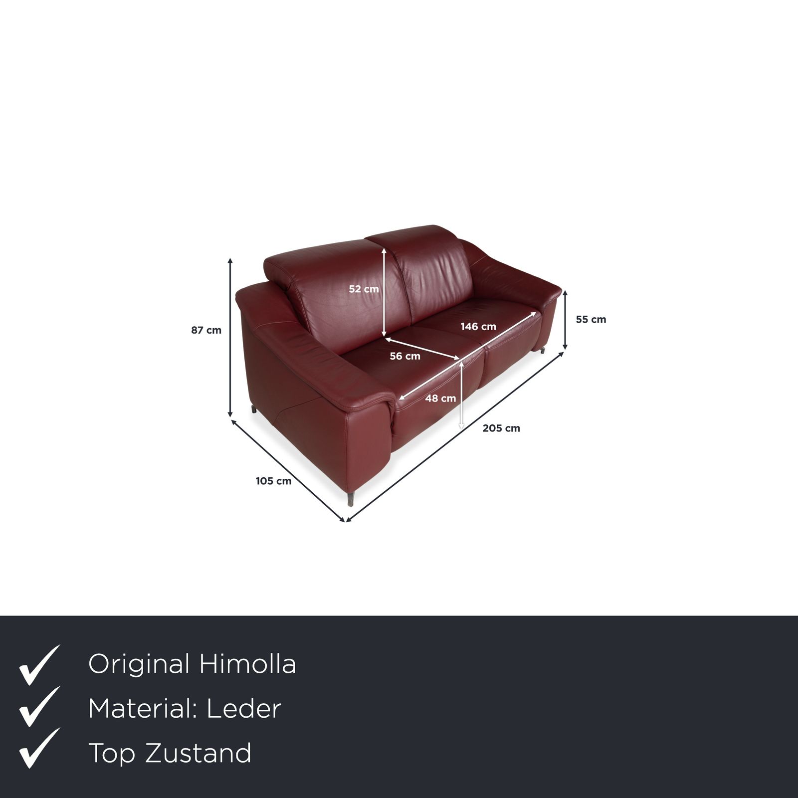 Himolla Three Seater Leather Sofa, Red Burgundy Couch photo furniture