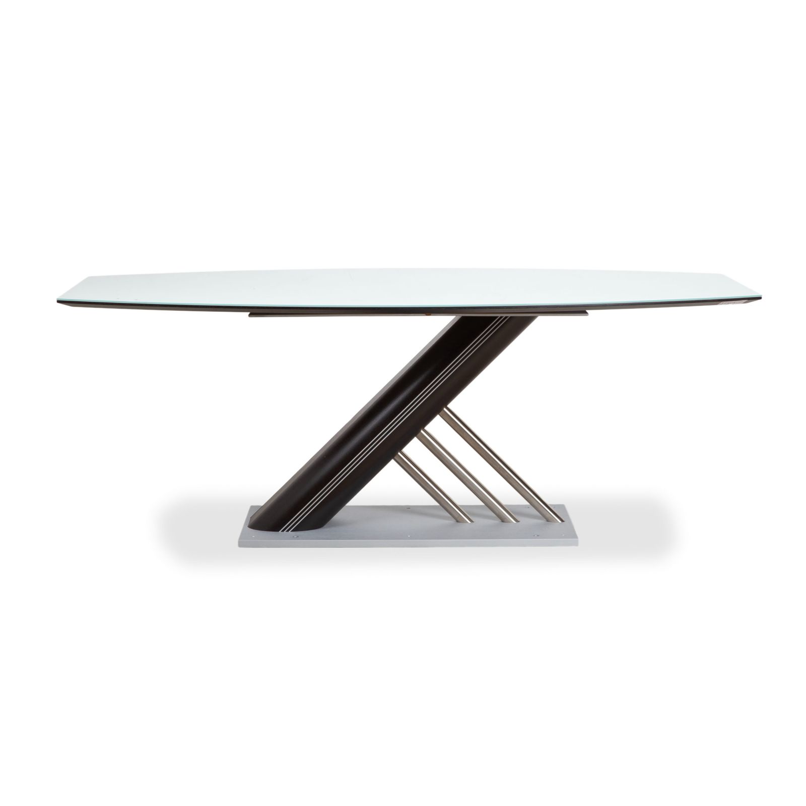 photo for sale Table à manger Musterring Rosario en bois, verre et métal, bleu glacé, gris et noir