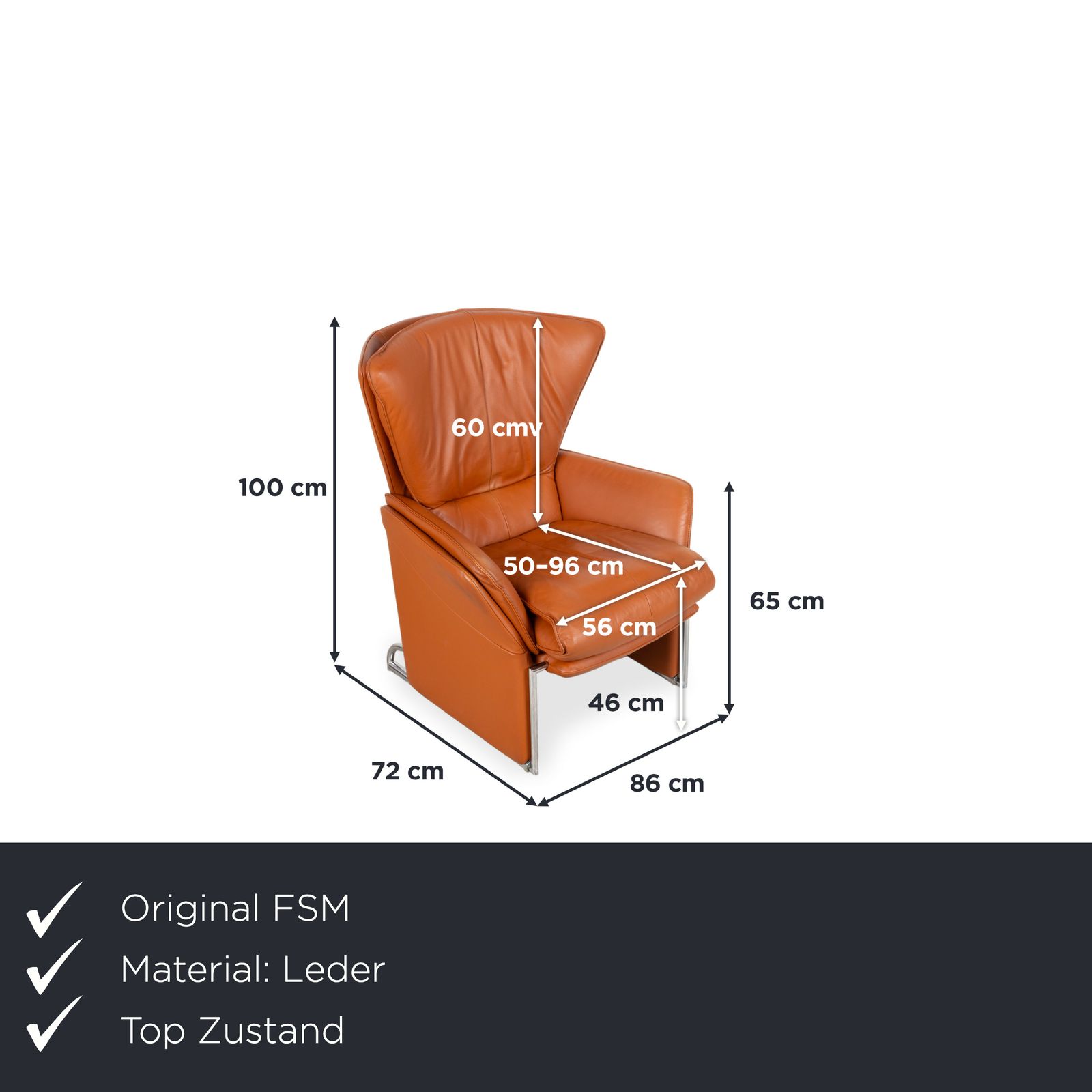 Fauteuil FSM Unus en cuir et chrome, cognac, fonction manuelle photo furniture