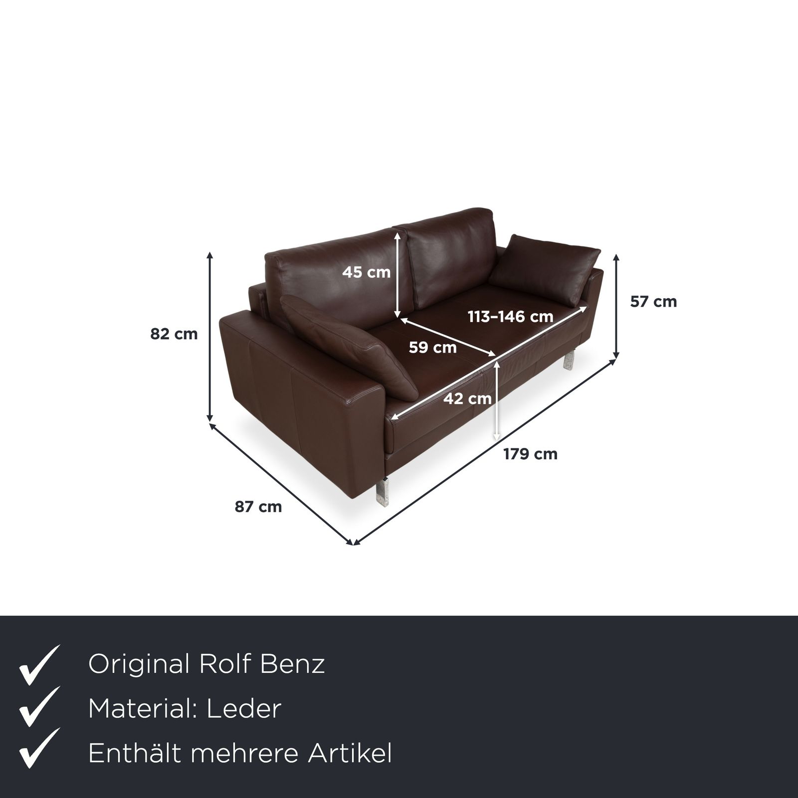 Ensemble Rolf Benz Vida en cuir, canapé deux places et fauteuil, marron, chrome photo furniture