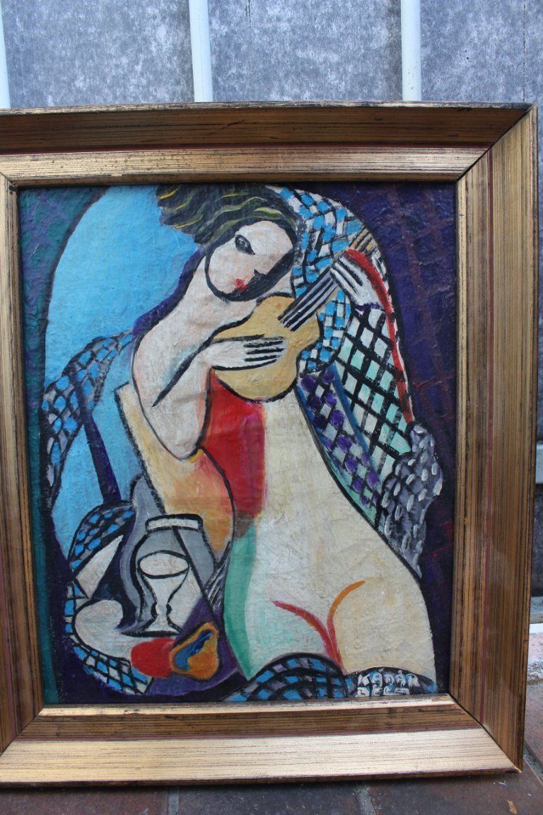 Jaren 1930 modernistisch Hongaars schilderij olieverf naakte vrouw naar voorbeeld van Béla Kádár, ingelijst photo furniture