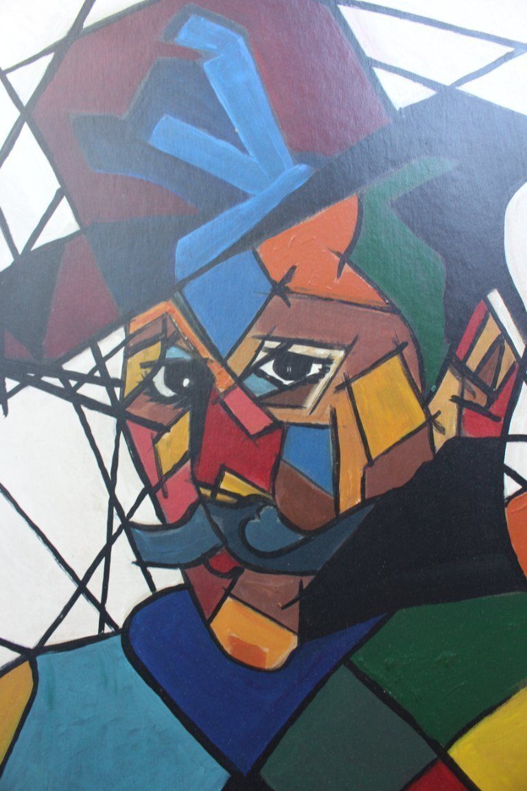 Man met hoed, figuratief acrylschilderij in cubistische stijl, ingelijst photo for sale