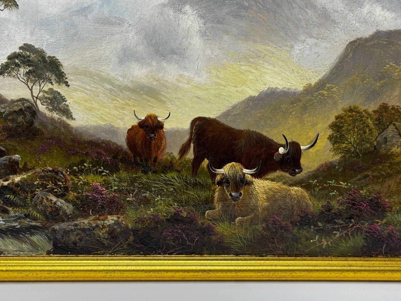 Landscape Oil  Ben Lawers First Light Mist Highland Cattle Beside Loch Tay C1880 photo Art