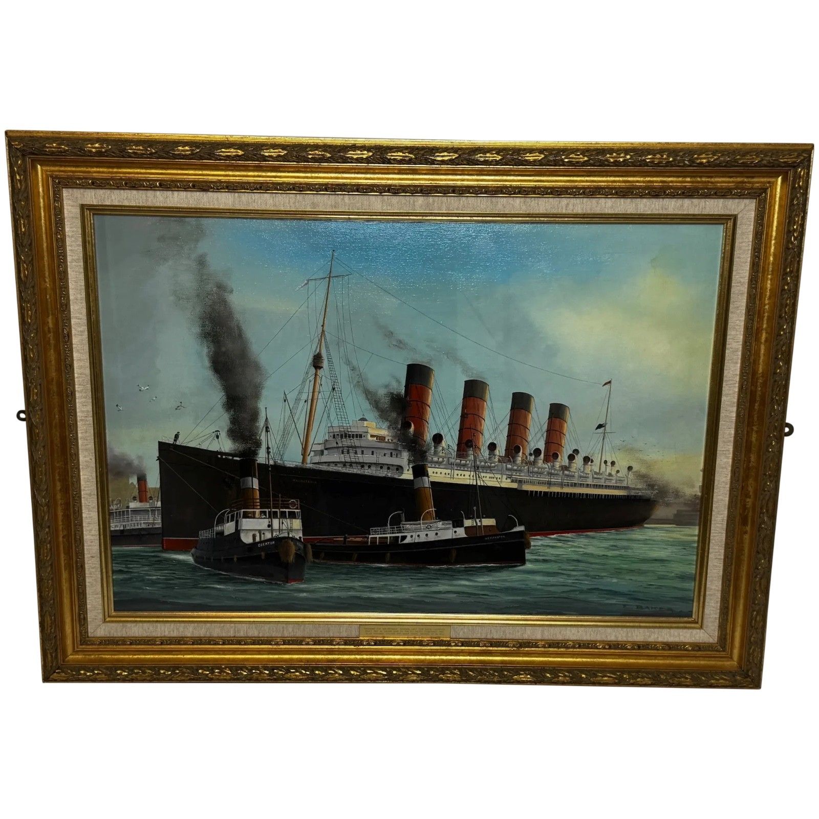 Groot olieverfchilderij, het aanmeren van het RMS Mauretania-schip bij Sandon Half Tide Dock