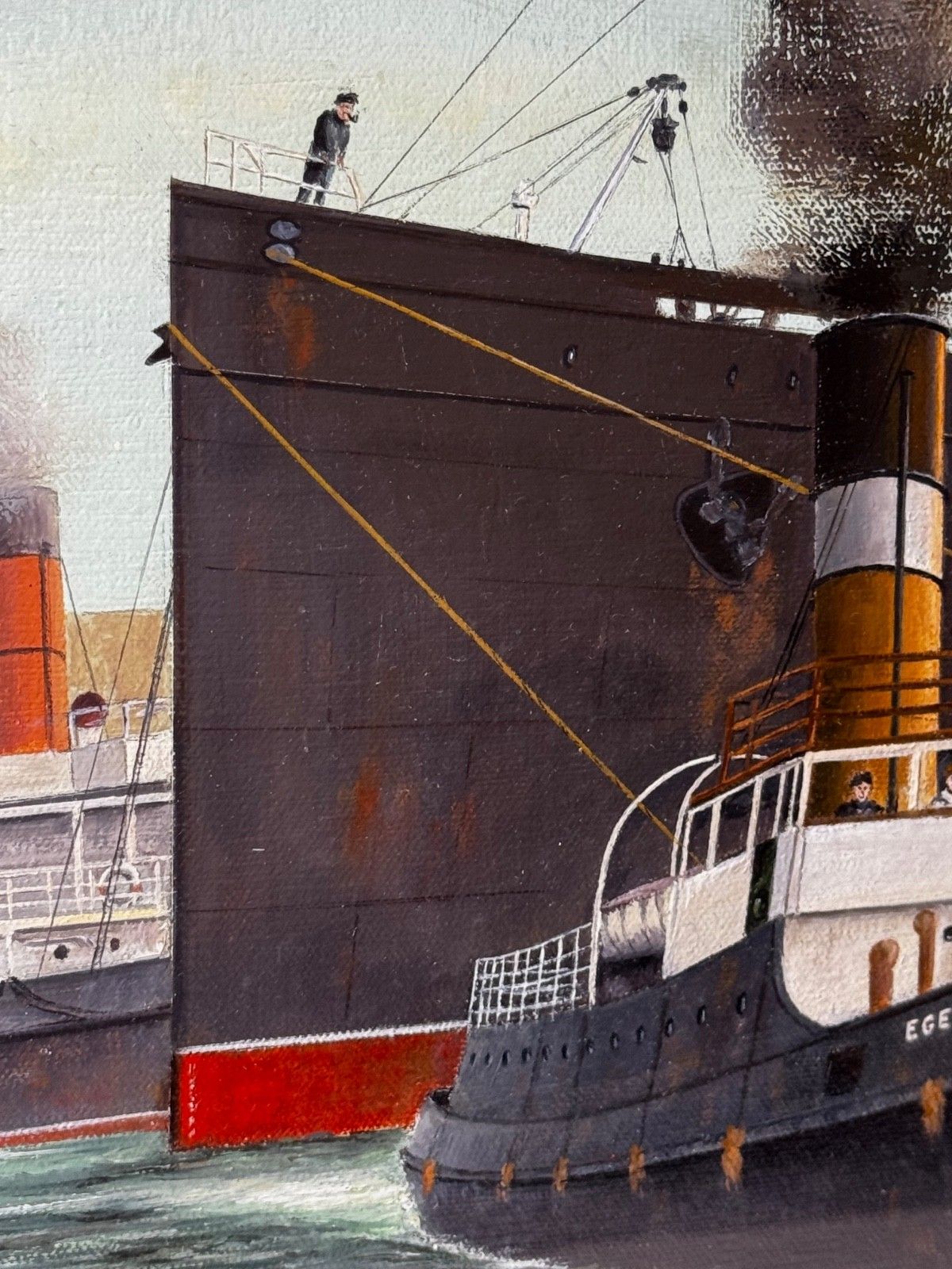 Groot olieverfchilderij, het aanmeren van het RMS Mauretania-schip bij Sandon Half Tide Dock photo for sale