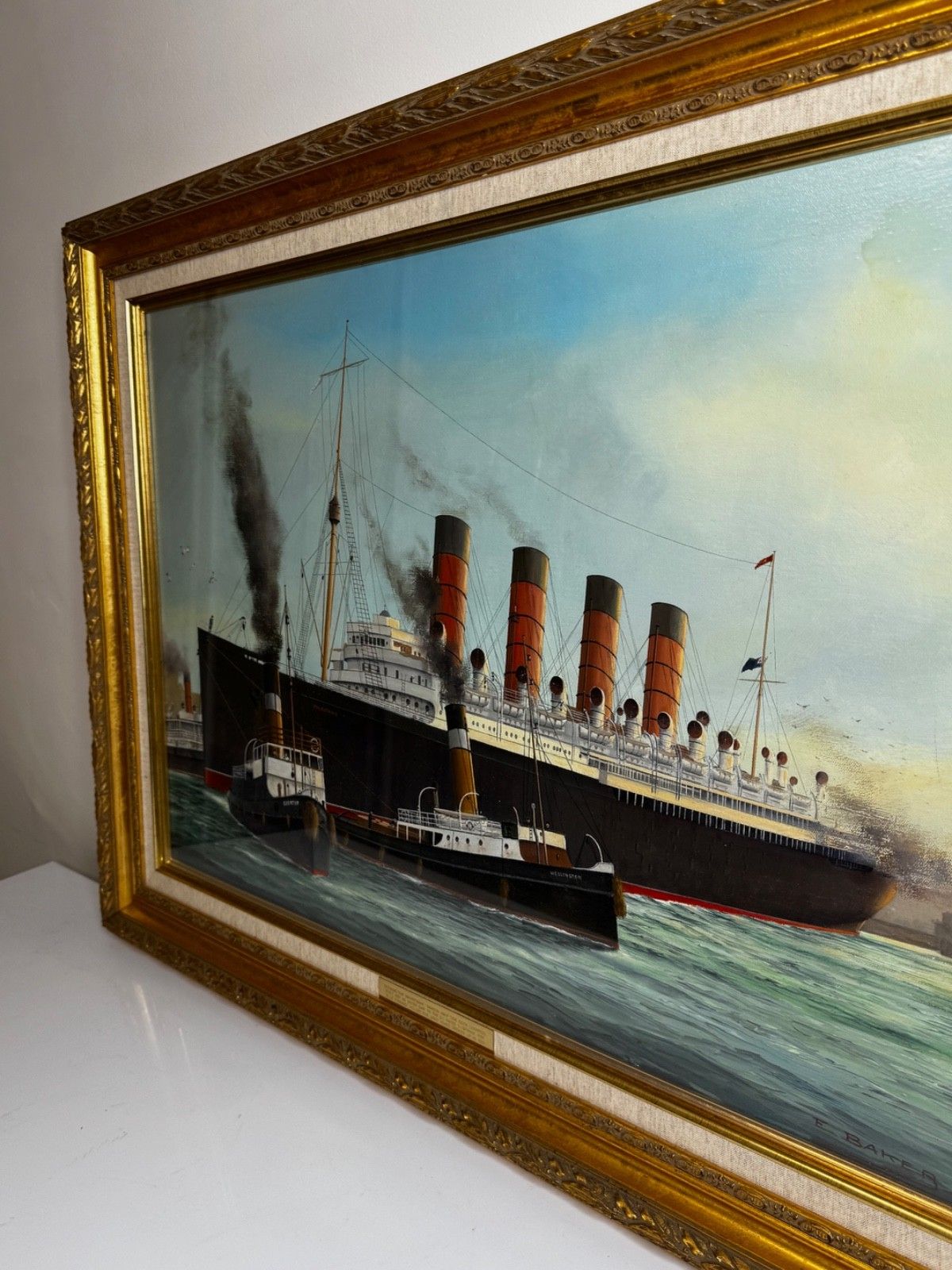 photo furniture Groot olieverfchilderij, het aanmeren van het RMS Mauretania-schip bij Sandon Half Tide Dock