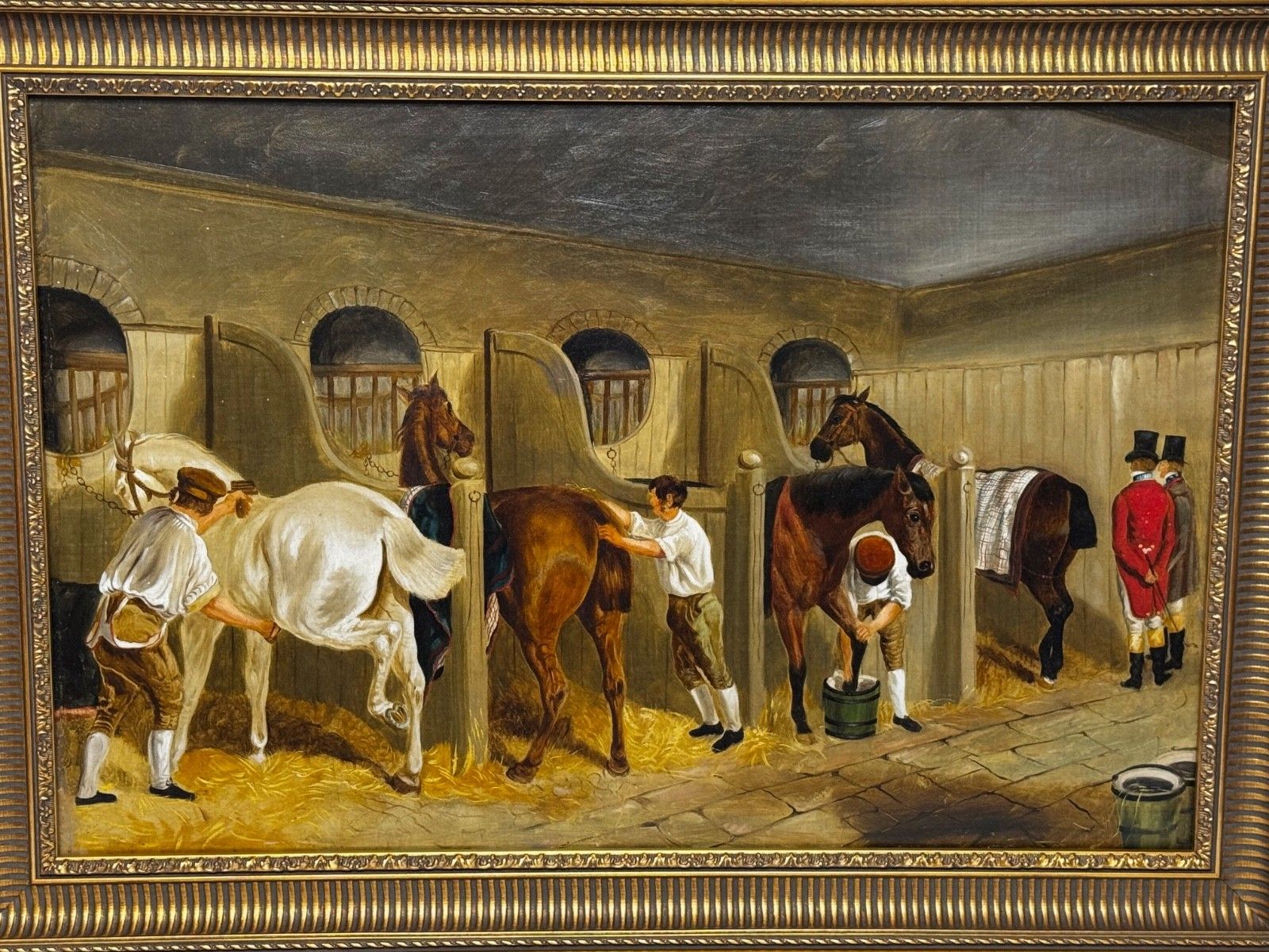 Victoriaans olieverfchilderij The Hunting Stud naar John Frederick Herring Snr, ca. 1900 photo furniture