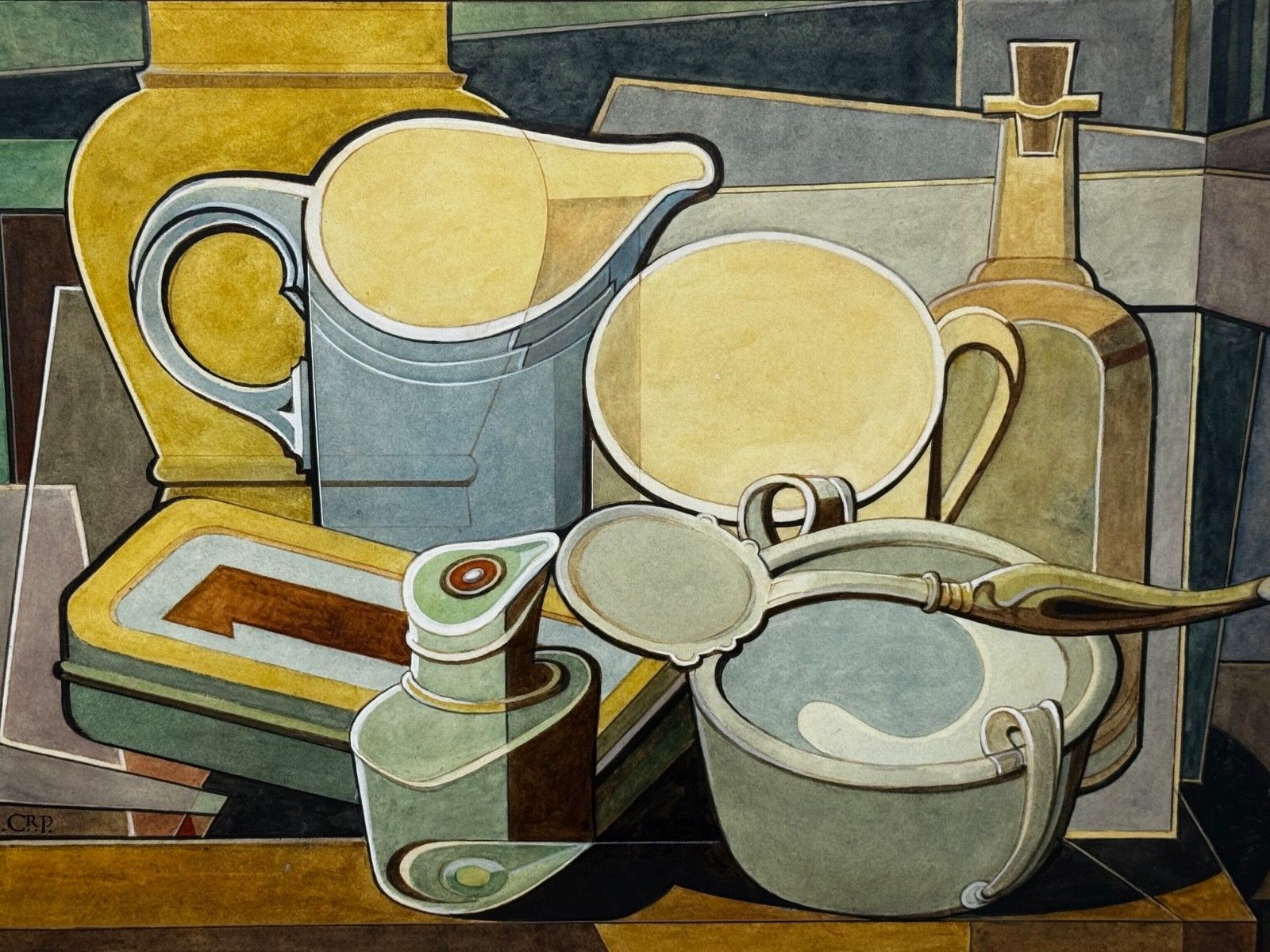 Cubistisch schilderij, huishoudelijke keukengeometrie, ca. 1925, gesigneerd door Edward Carter Preston photo furniture