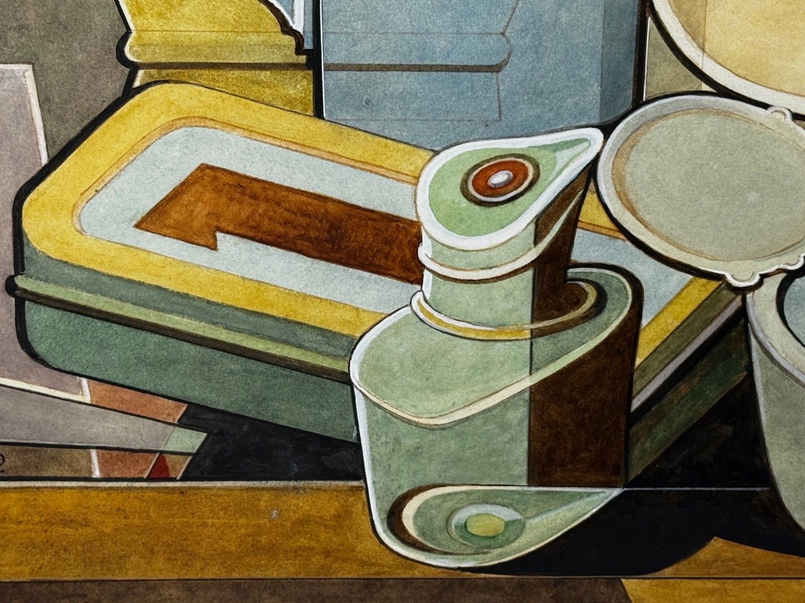 Cubistisch schilderij, huishoudelijke keukengeometrie, ca. 1925, gesigneerd door Edward Carter Preston photo for sale