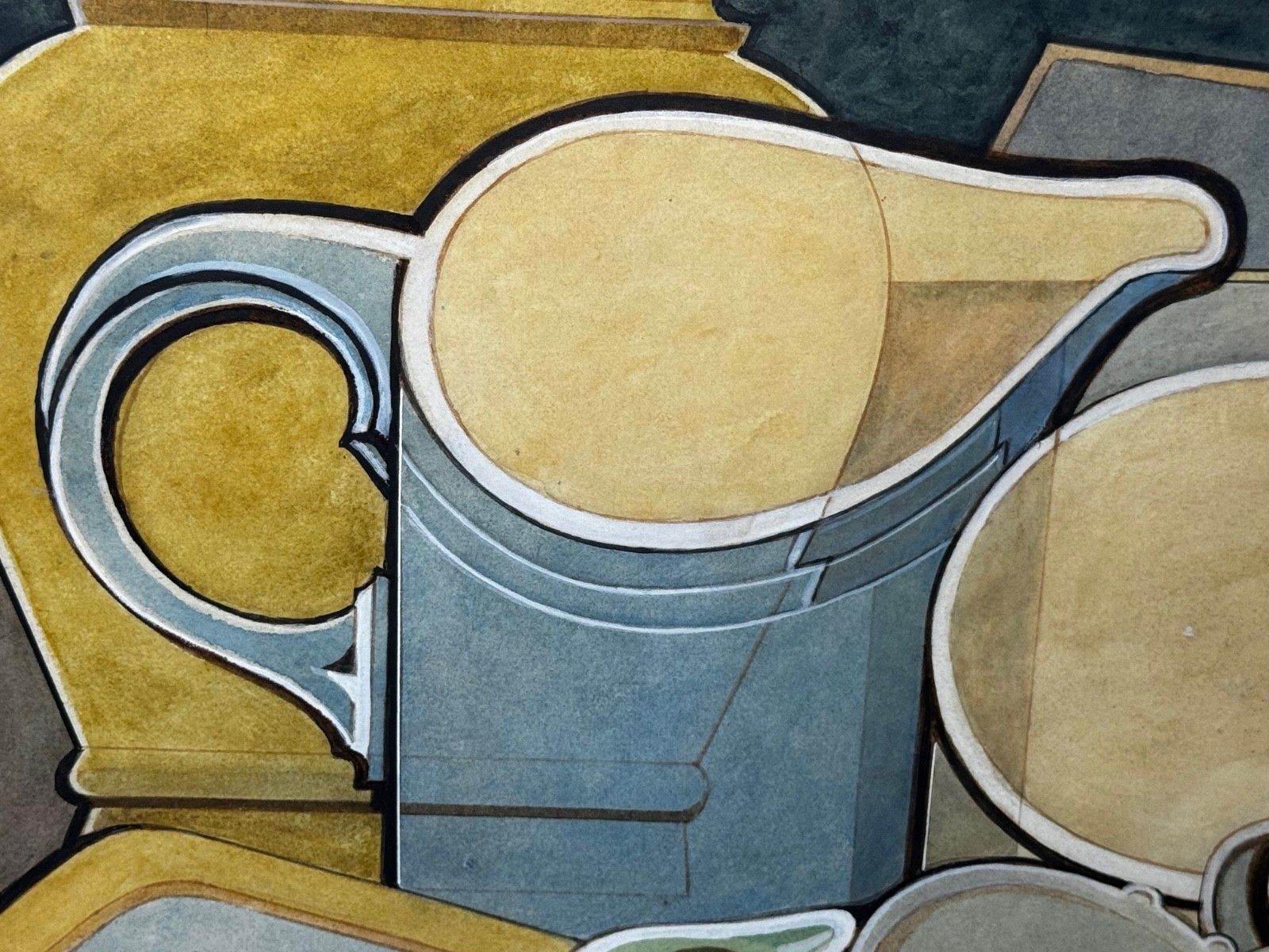 Cubistisch schilderij, huishoudelijke keukengeometrie, ca. 1925, gesigneerd door Edward Carter Preston photo vintage