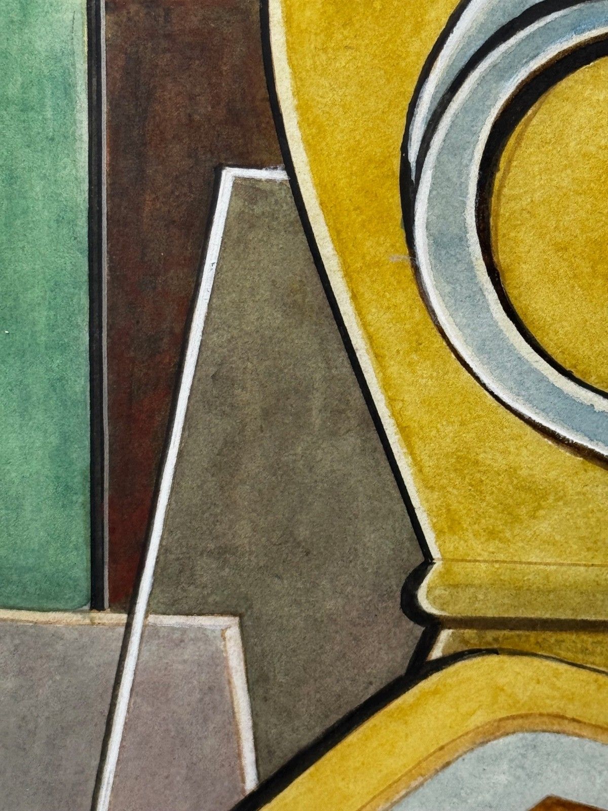 photo vinterior Cubistisch schilderij, huishoudelijke keukengeometrie, ca. 1925, gesigneerd door Edward Carter Preston