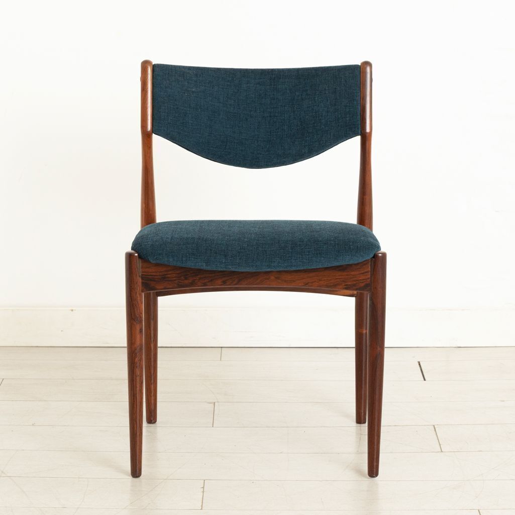 Set Of 6 Danish Midcentury Rosewood Dining Chairs With Blue Fabric Upholstery C.1960s photo for sale