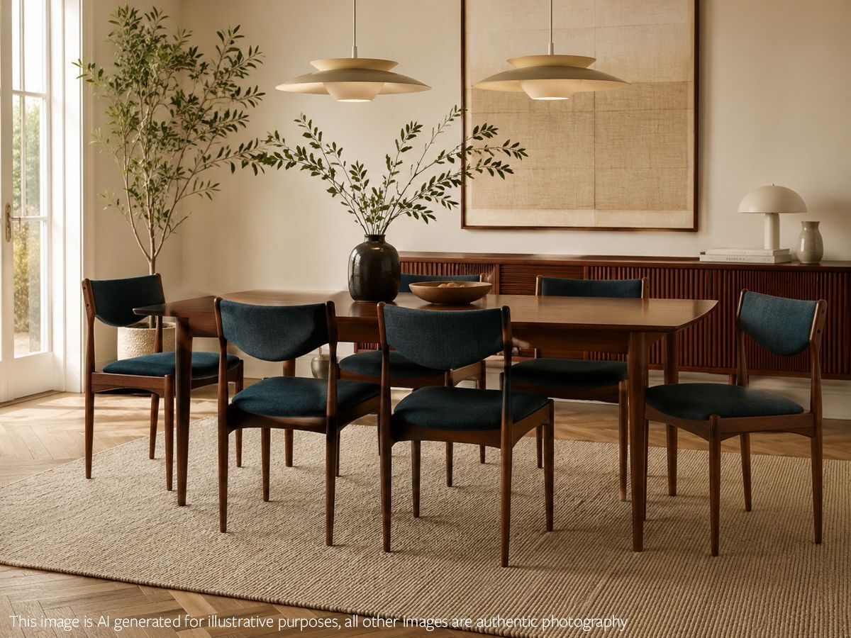 Set Of 6 Danish Midcentury Rosewood Dining Chairs With Blue Fabric Upholstery C.1960s photo buy