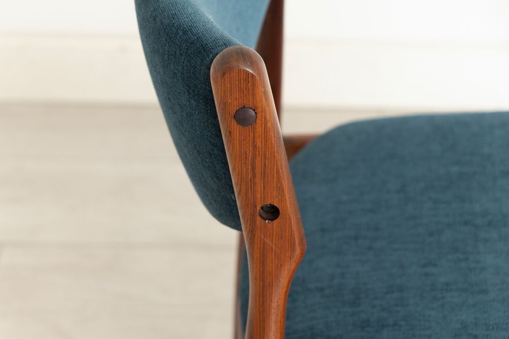 photo for sale Set Of 6 Danish Midcentury Rosewood Dining Chairs With Blue Fabric Upholstery C.1960s