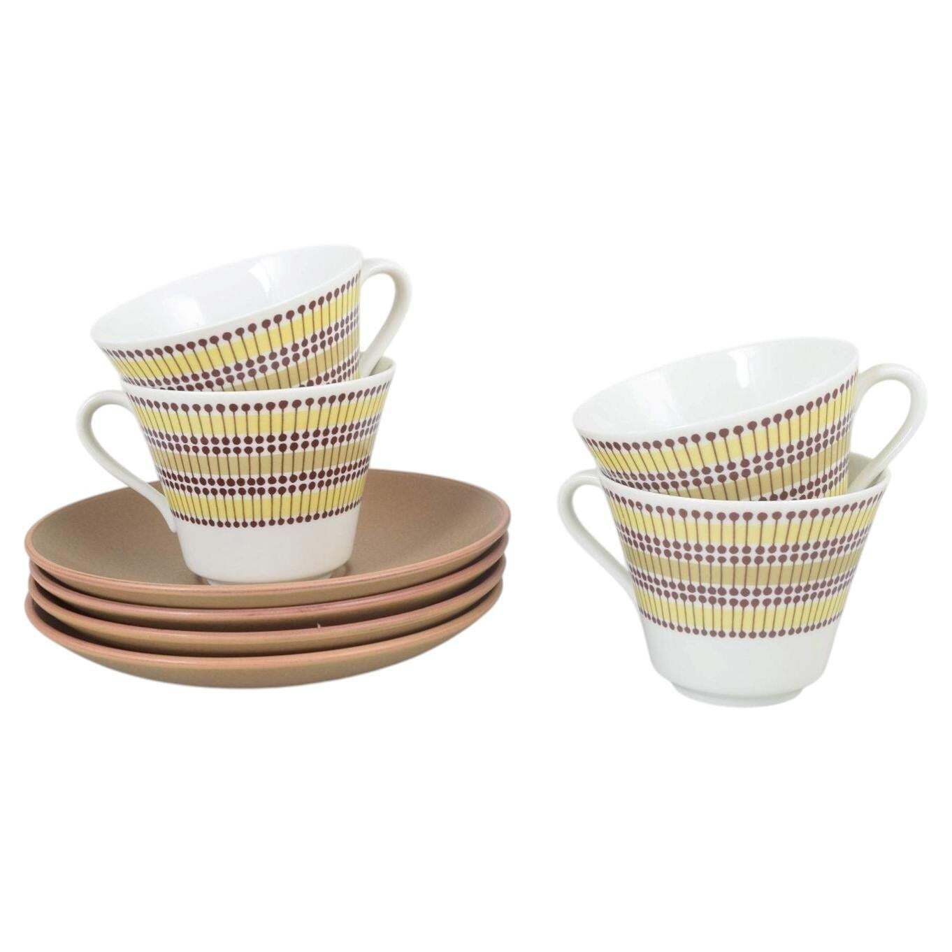 Marianne Westman For Rörstrand. Four "Mandarin" Teacups With Saucers. 1960s