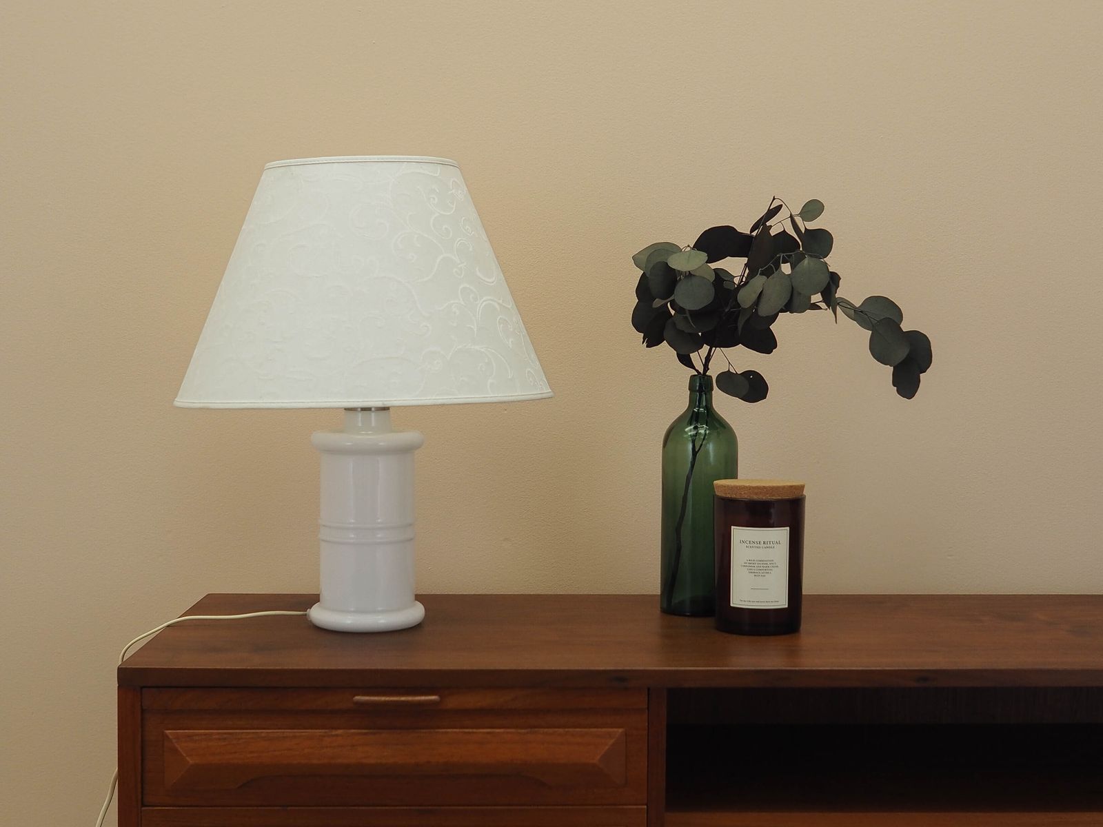 Holmegaard Glazen Tafellamp Met Stoffen Kap, Deens Design, jaren 1970 photo furniture
