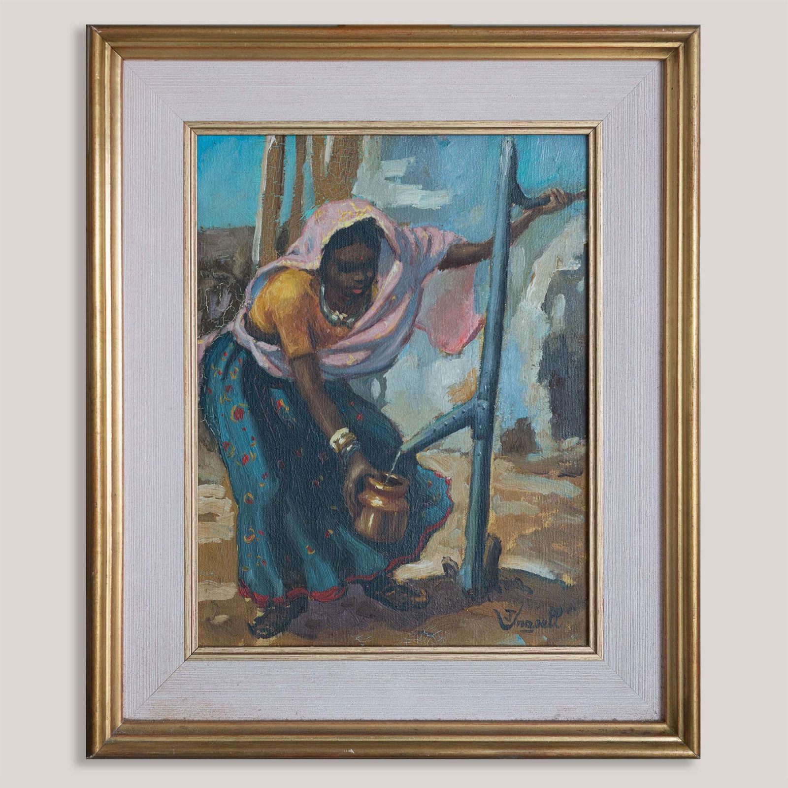 Vintage Oil Painting Of A African Woman Drawing Water, Signed photo furniture