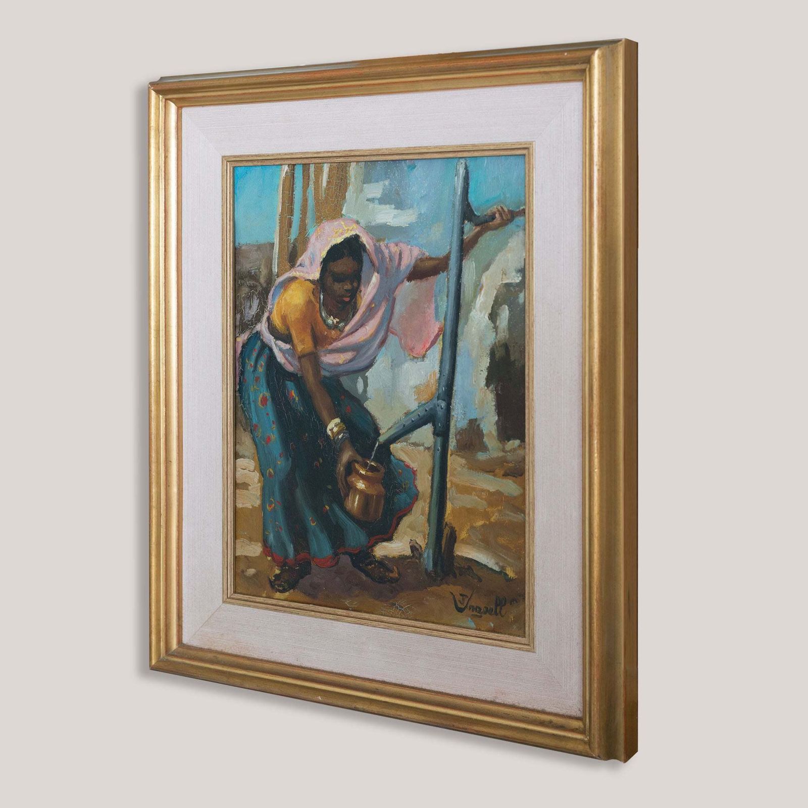 Vintage olieverfschilderij van een Afrikaanse vrouw die water haalt, gesigneerd photo for sale