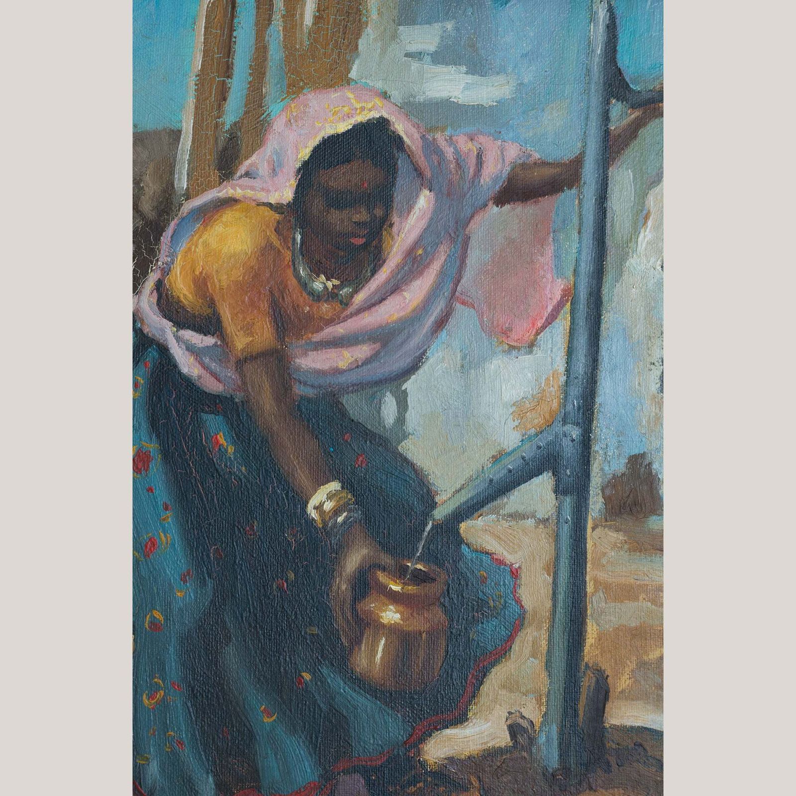 Vintage olieverfschilderij van een Afrikaanse vrouw die water haalt, gesigneerd photo Kunst