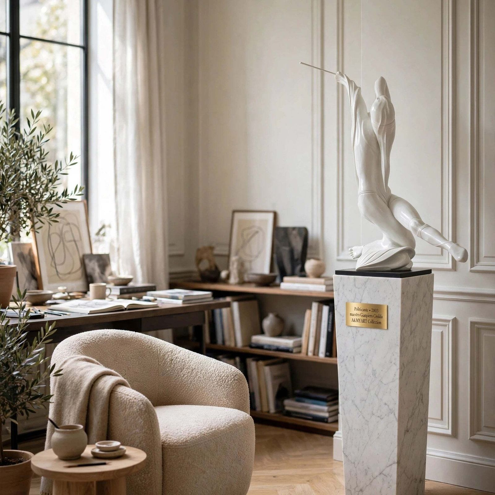 Pietro Ceoldo "Politicante," Italiaans hedendaags sculptuur in wit gelakt hout photo 30277.0