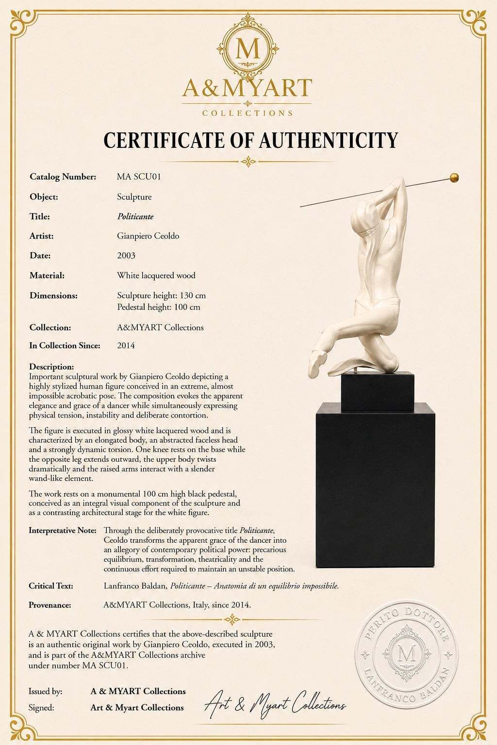 Pietro Ceoldo "Politicante," Italiaans hedendaags sculptuur in wit gelakt hout photo vintage