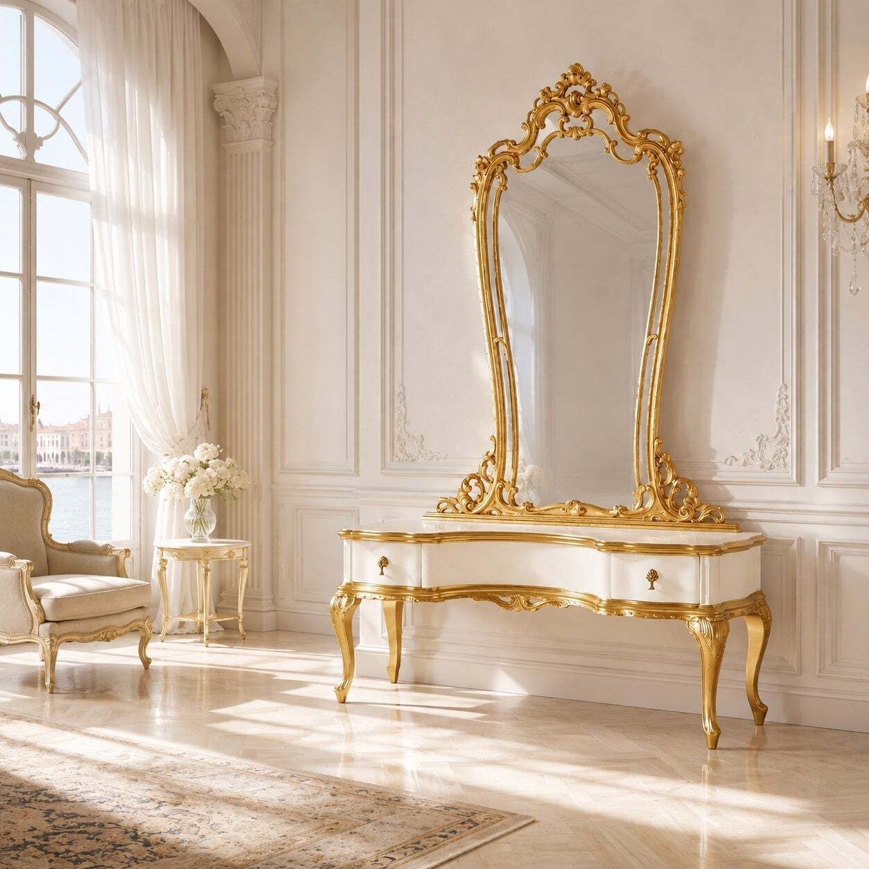 photo for sale Italiaanse Venetiaanse kaptafel in crèmelak en verguld, door Fratelli Testolini