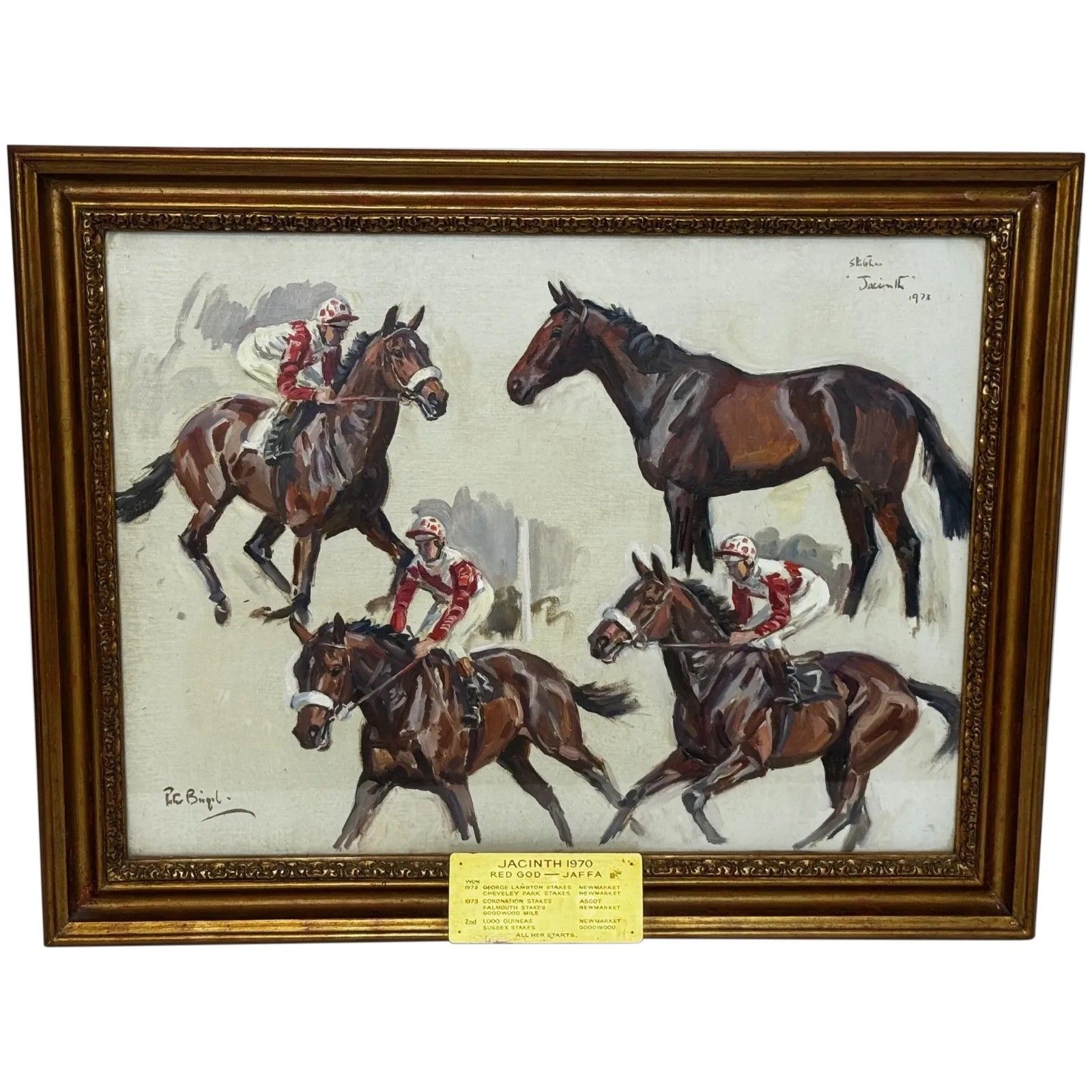 Equestrian schilderij Lady Butt's Horse Champion Jacinth Filly Of Brook Stud Cheveley, gesigneerd door Peter Biegel