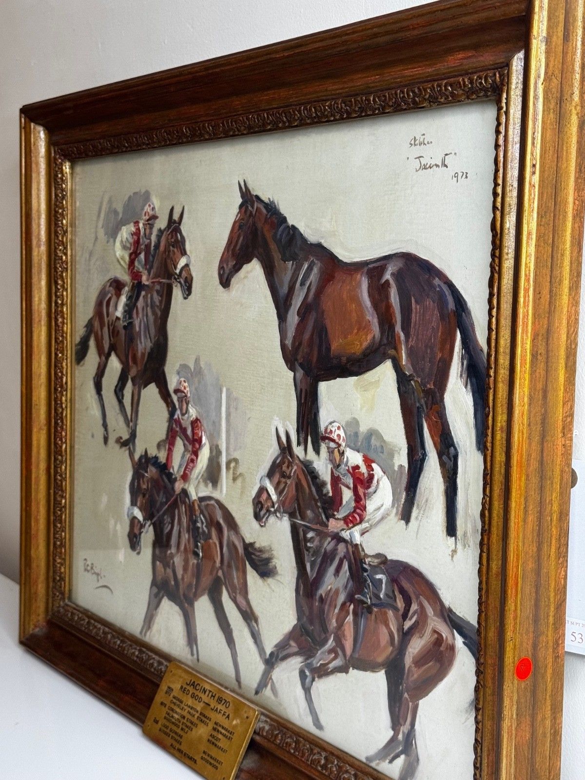 photo furniture Equestrian schilderij Lady Butt's Horse Champion Jacinth Filly Of Brook Stud Cheveley, gesigneerd door Peter Biegel