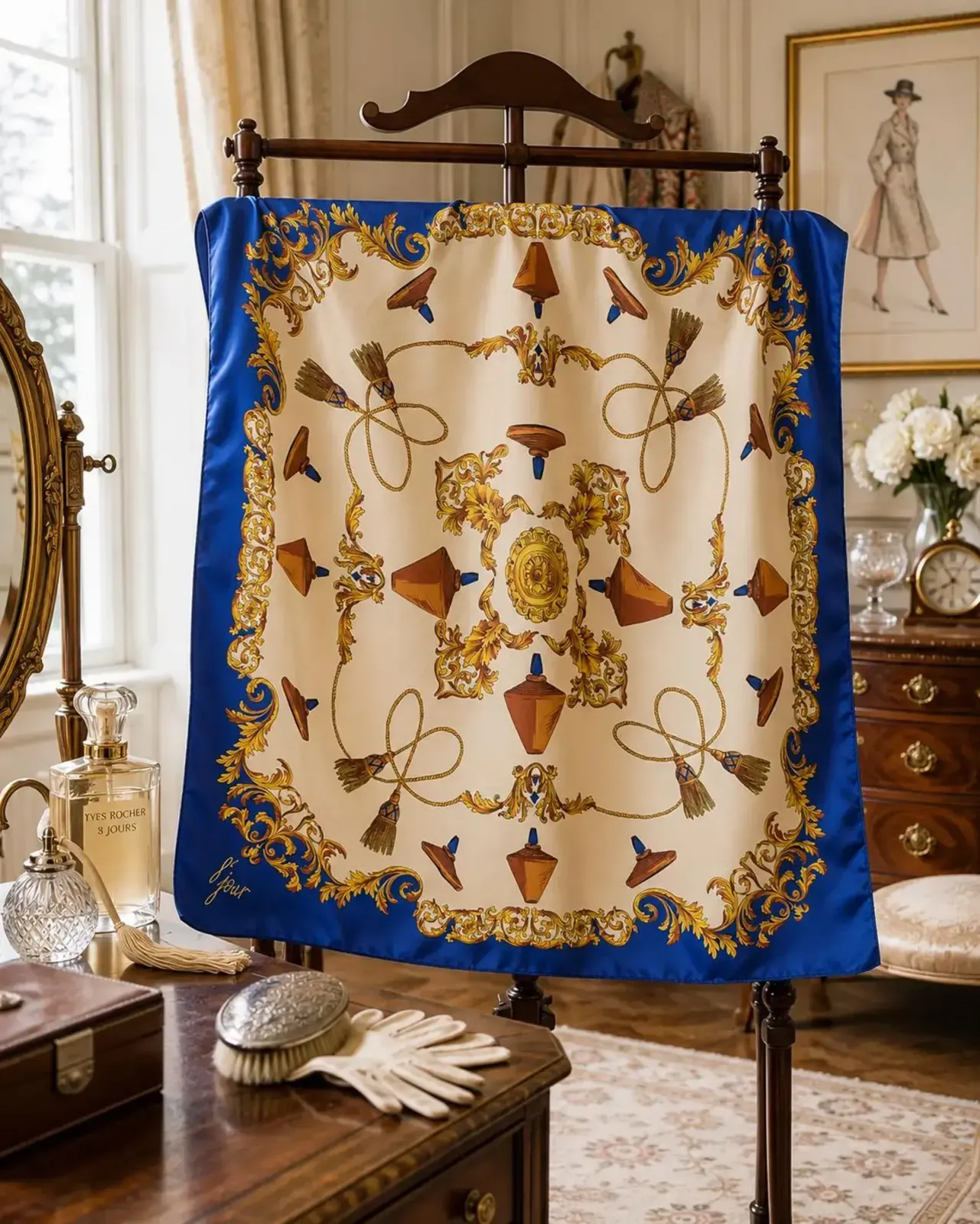 90's Rare Vintage Italian Scarf Inspired By The 8 Jour Fragrance By Yves Rocher   Made In Italy   Baroque Classical Gold Swag   Blue & Gold