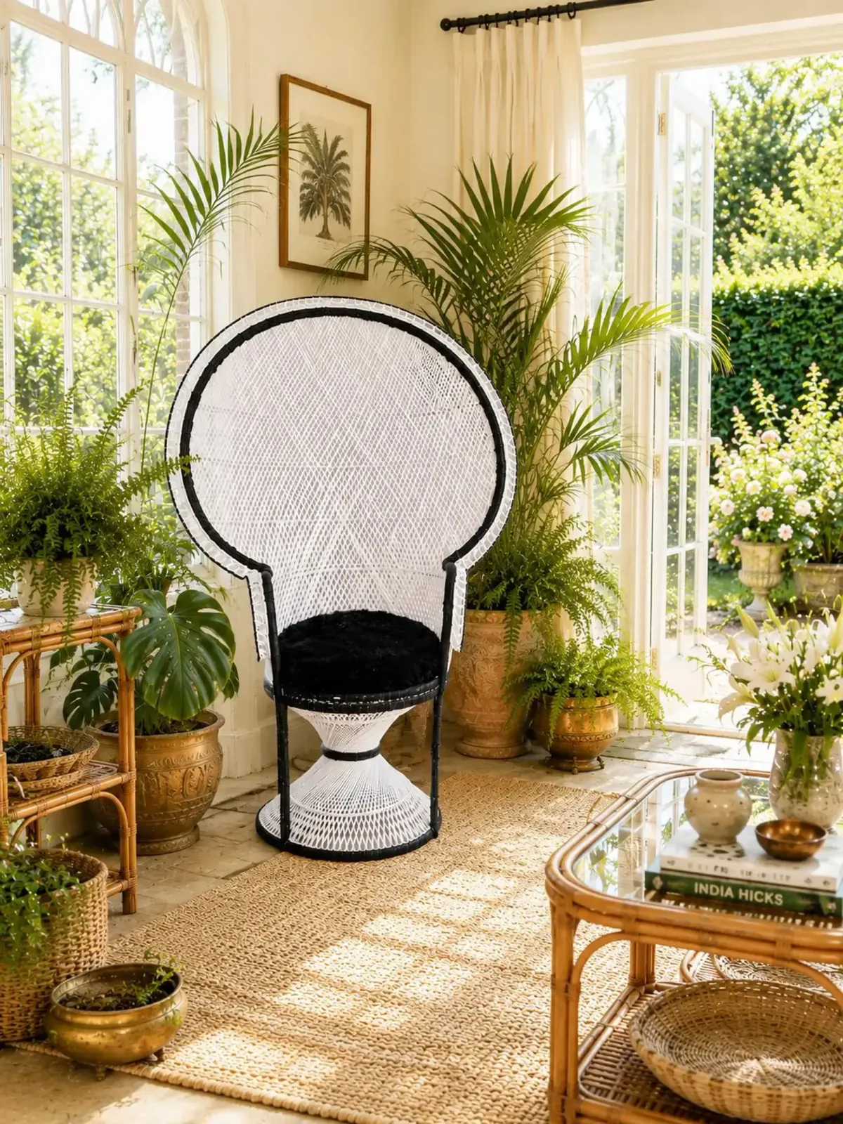 70's X Large Emmanuelle Wicker Peacock Chair   White W/ Black Detail   Wicker Rattan Chair   Boho Chic Retro Cane Chair   Photo / Film Prop