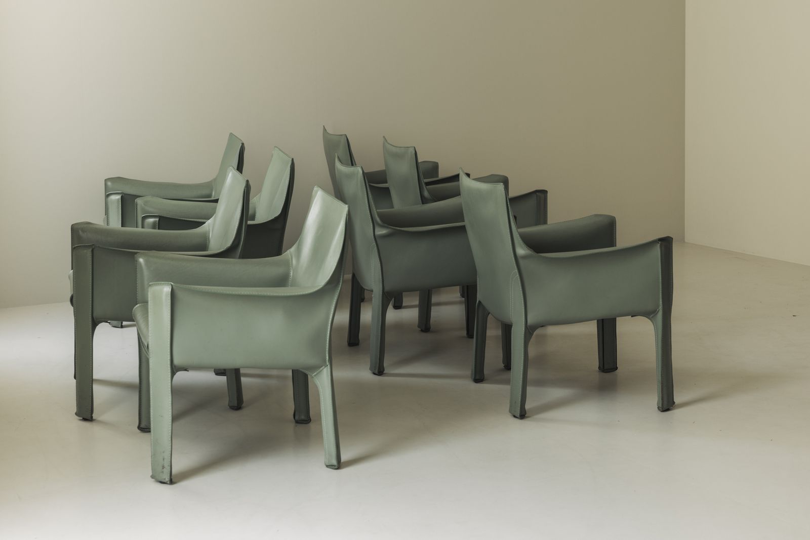 8x Sage Green Saddle Leather Cab 414 By Mario Bellini For Cassina, Italy 1980s