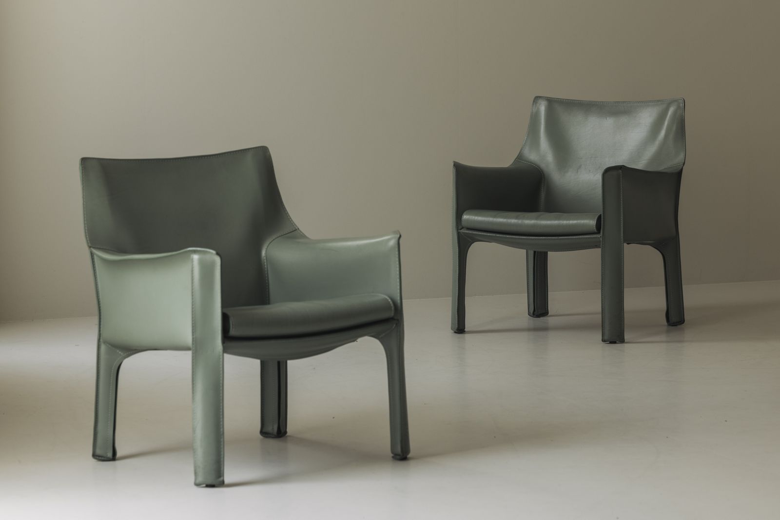 8x Sage Green Saddle Leather Cab 414 By Mario Bellini For Cassina, Italy 1980s photo for sale